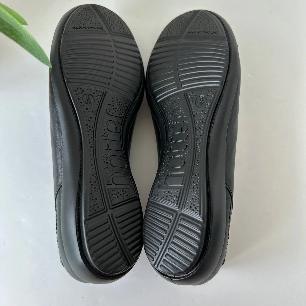 Hotter Robyn II Black Leather Ballerina Flats Size 10 Dual Fit Comfort Shoes